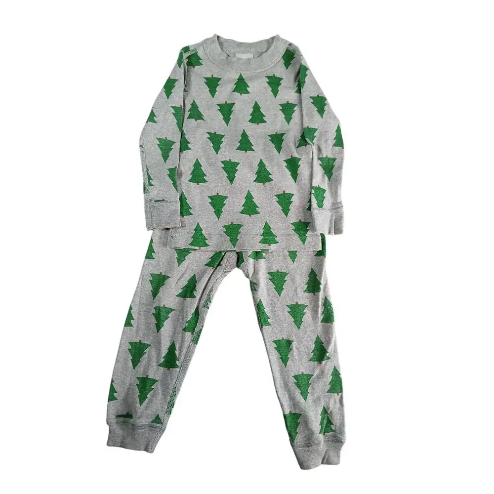 Hanna Andersson Pajamas Set 90 US 3T Gray Christmas Trees Winter Organic Cotton
